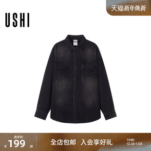 牛仔衬衫 长袖 男 复古怀旧风磨白双贴袋简约时尚 USHI悠时