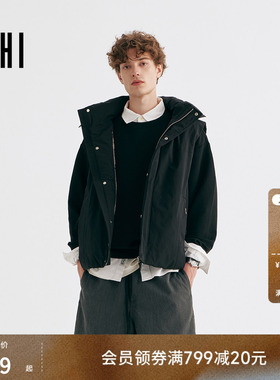 USHI悠时 时尚立领连帽拼接设计感纯色简洁羽绒马甲户外休闲男装