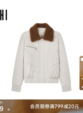 USHI悠时 复古质感撞色可拆卸仿羊羔毛领保暖舒适男装仿皮外套