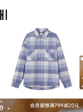 USHI悠时 男士撞色格纹衬衫美式翻领宽松版型复古慵懒长袖上衣