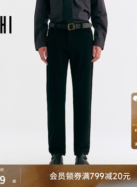 USHI悠时 男士黑色修身牛仔裤简约净版弹力通勤日常百搭长裤男