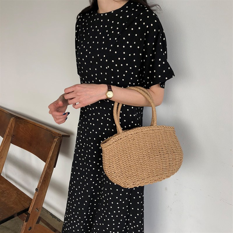 韩版ins风半圆手提p包日韩可爱小拎包度假沙滩编织女包休闲女包包