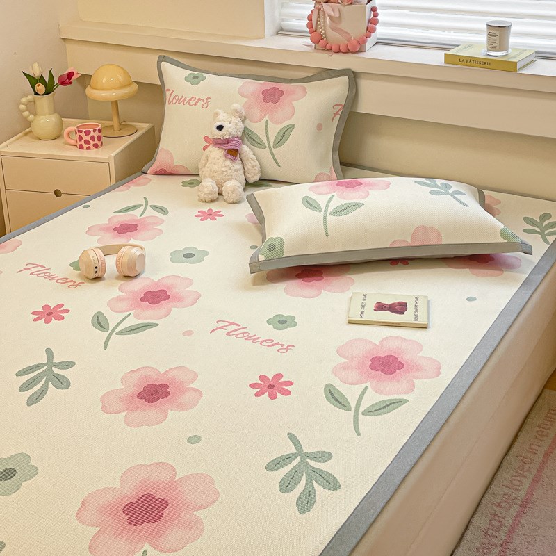 新款数码印花冰藤j席枕套三件套凉感软席学生床两件套平铺款空调