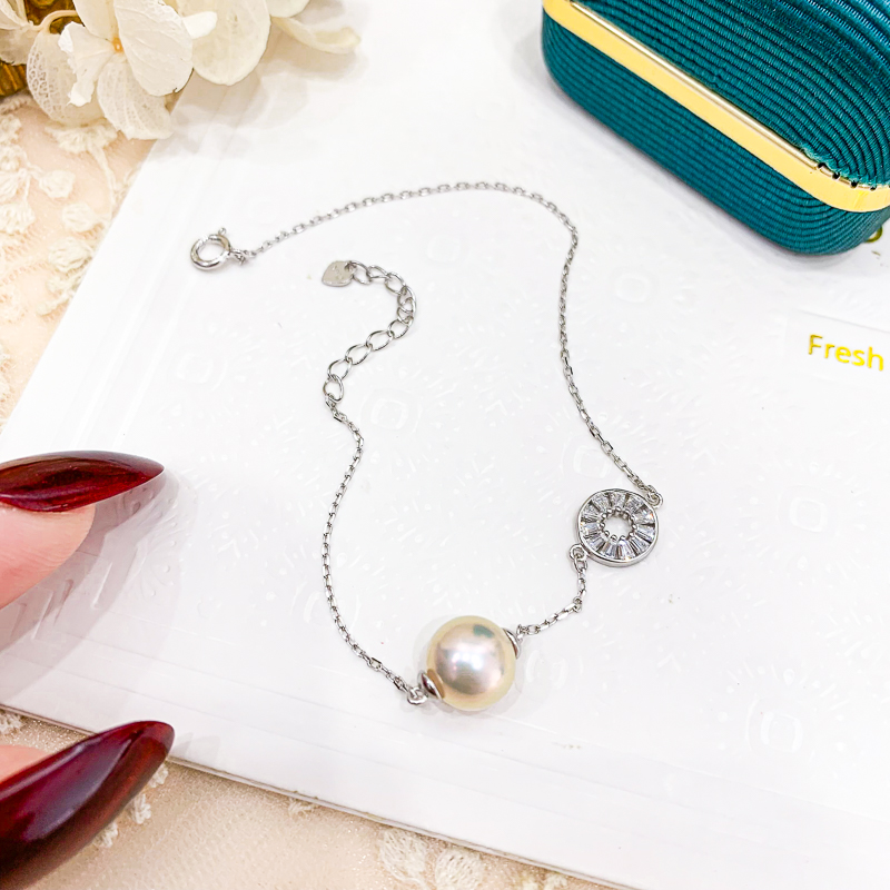 DIY珍珠配件 S925纯银手链空托 时尚款金色银色手镯托T配7-9mm圆