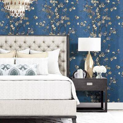 蓝色复古梅墙纸非573电花视背景墙客纸厅房间壁自粘