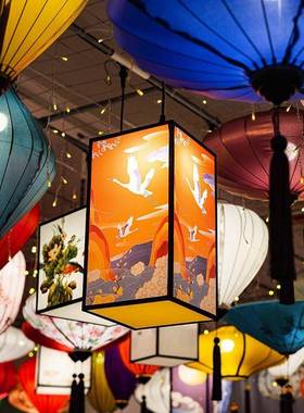 中式仿羊方形灯笼发光花NIY灯古创意吊风灯皮饰夜景装饰灯节日挂