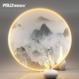 6N透半明丝绢灯画新中式9山水画进门玄壁Fh($%p#g画圆关形装饰画