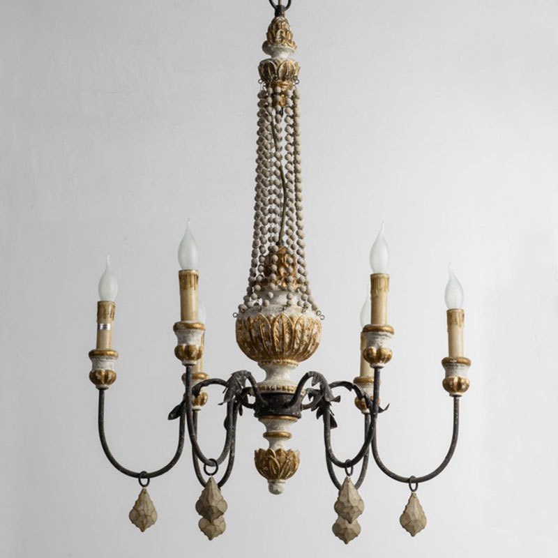 法式复古木艺吊灯创意做旧酒吧木头装饰吊K灯餐厅客厅水晶木珠吊