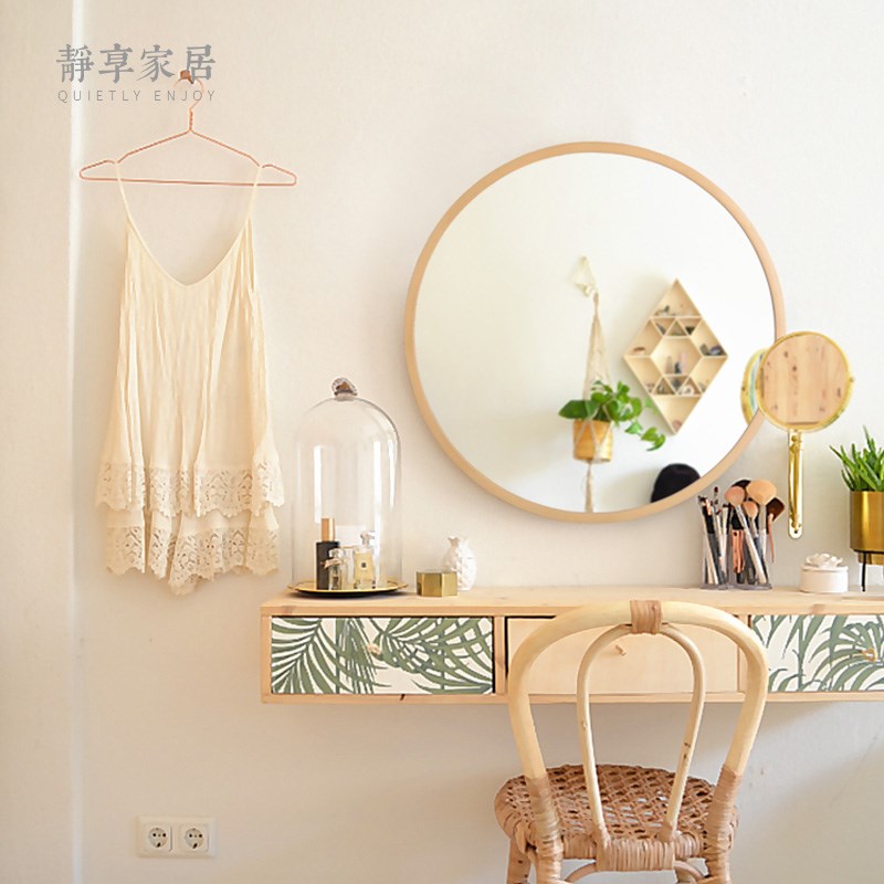 原木奶油风化妆镜实木框梳妆镜厕C所卫生间壁挂墙面大圆镜子浴室