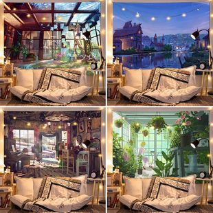 治愈温馨小屋风景背景布挂布卧室宿舍装饰布床头背景墙布壁画挂毯