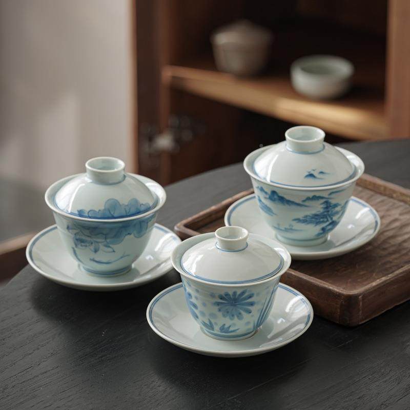 手绘青盖碗单个家日花式复古陶带瓷功夫泡茶用碗盖不烫手TM657453,餐饮具,盖碗,淘宝优惠券,粉丝福利购,淘宝优惠卷