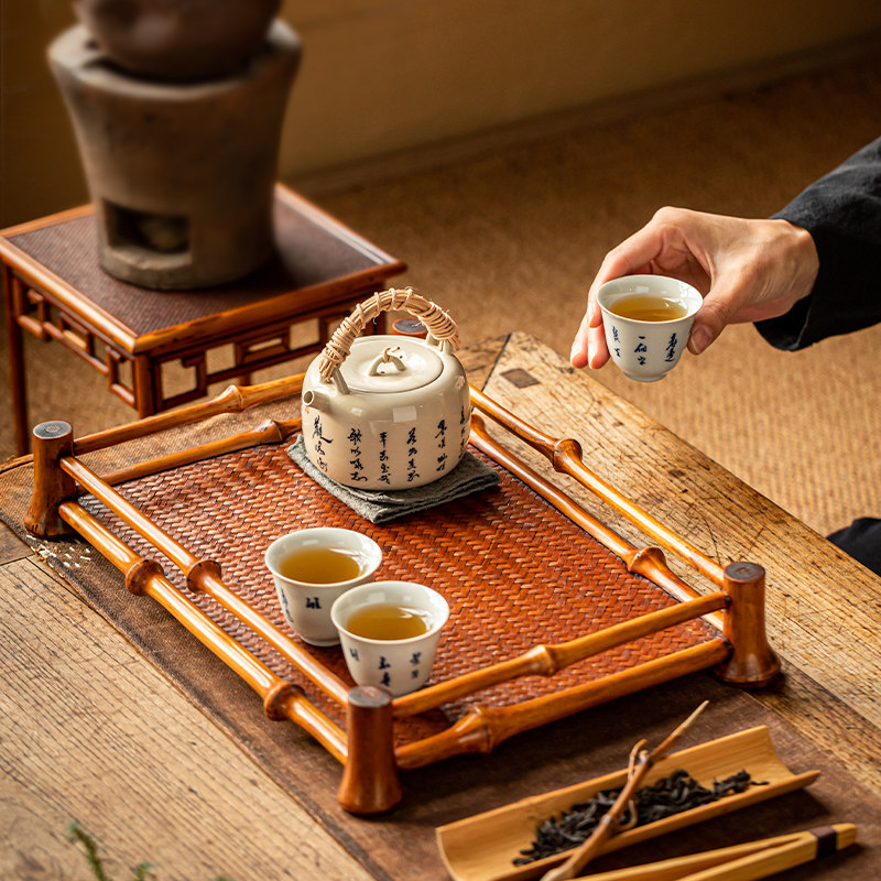 复古竹编茶具收纳茶盘茶托盘竹日式席面茶棚置物架茶杯架收纳筐