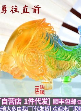 招财牛古法琉璃勇往直钱前客厅桌面摆件家居酒柜电视柜水晶工艺品