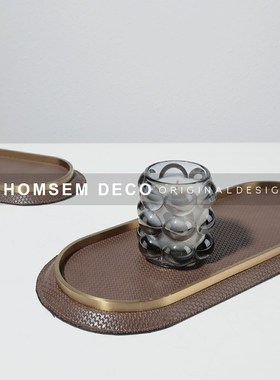 现代样板间高档皮革金q属边创意收纳托盘摆件家居客厅茶几软装饰