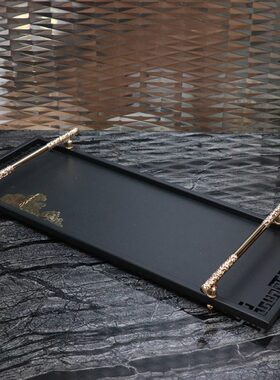 现代新中式铁艺托盘家居收纳金属几何玄关桌面手提装饰托盘摆件