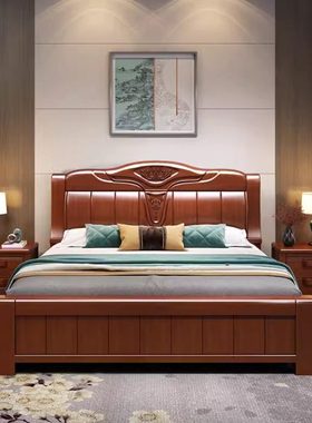 实木床橡胶木1.8米*2M双人床新中式简约床高箱储物床主卧室1.5米