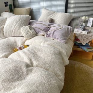 沉默的羔羊??莫兰迪白色羊羔绒四件套加厚保暖冬天珊瑚绒被套床单