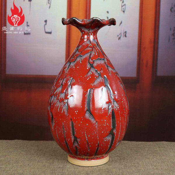 禹州神后钧瓷花瓶中式古典家居卧室台面陶瓷插花器摆件红色玉壶春