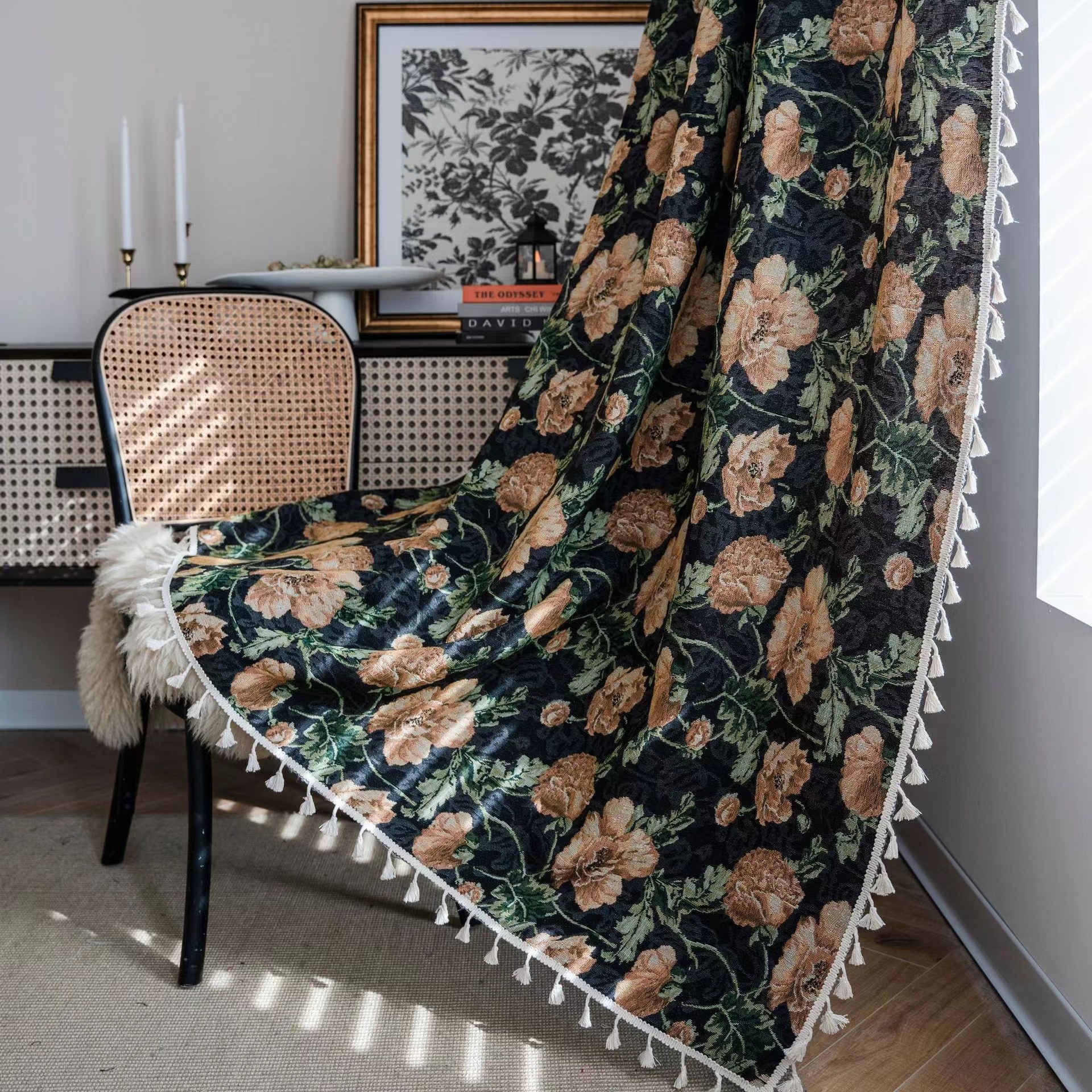 欧美复古轻奢油画棉麻风半遮光落地流苏窗帘卧Q室飘窗隔断布艺帘