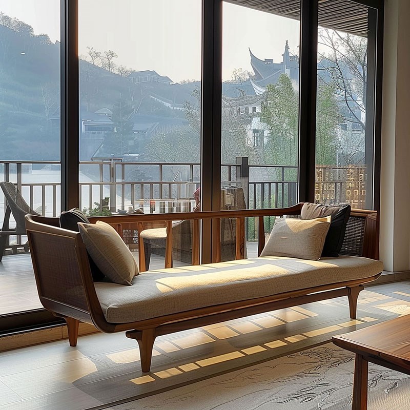 新中式禅意黑胡桃白蜡木罗汉床榫卯结构沙发床全T实木罗汉榻酒店