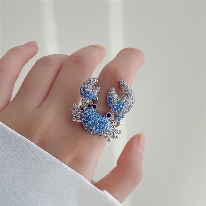 轻奢高级感d满钻锆石螃蟹戒指超闪水蓝渐变精致时尚开口戒食指戒