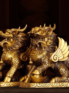 麒麟摆件全铜大号公母一对祥瑞麒麟家用办公室桌面T装饰品飞天麒