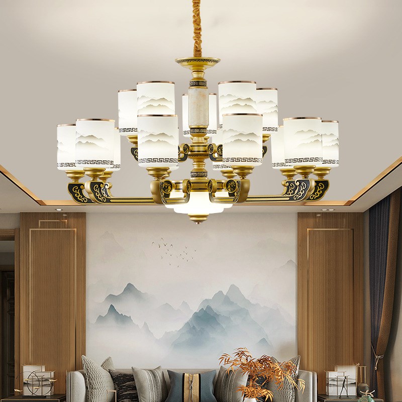 新中式大吊灯挑j空中空吊灯复式楼别墅酒店工程灯具真玉石客厅灯