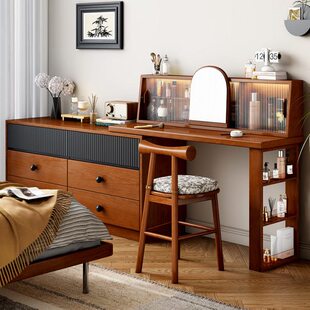 MeiJia木屿中古风梳妆台斗柜一体实木化妆桌床边收纳柜转角床尾柜