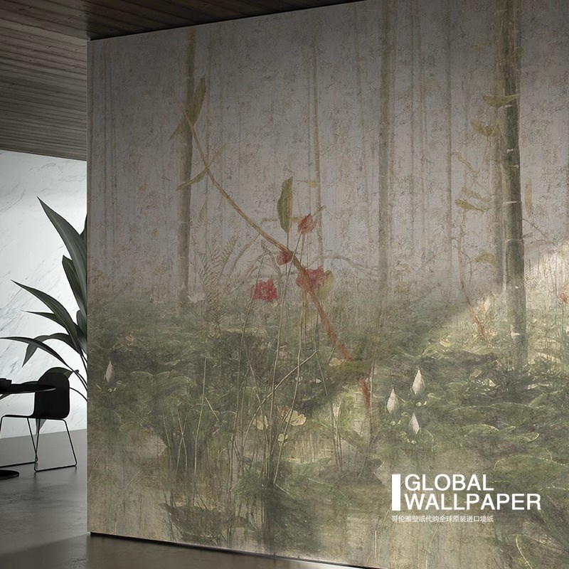 意大利墙纸定制壁画荷花竹林丛林植物F风景图案墙布卧室客餐厅壁