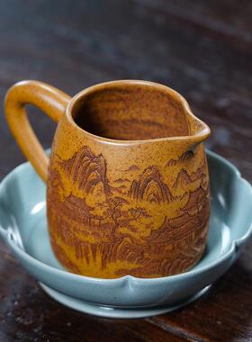 芝宴宜绘兴紫砂还原送烧OJZ石瓢手工刻精壶品带盖紫砂杯礼公道杯