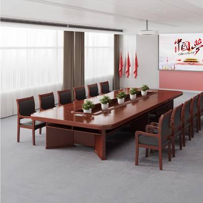 会议桌长桌油实漆木皮条公大型办烤漆多人培XL训桌椅组合长形洽谈