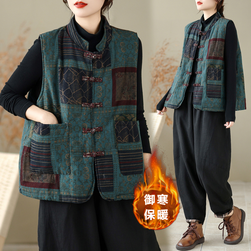 实拍中式棉麻印花盘扣棉服马夹背心文艺复古加厚保暖马甲秋冬外搭