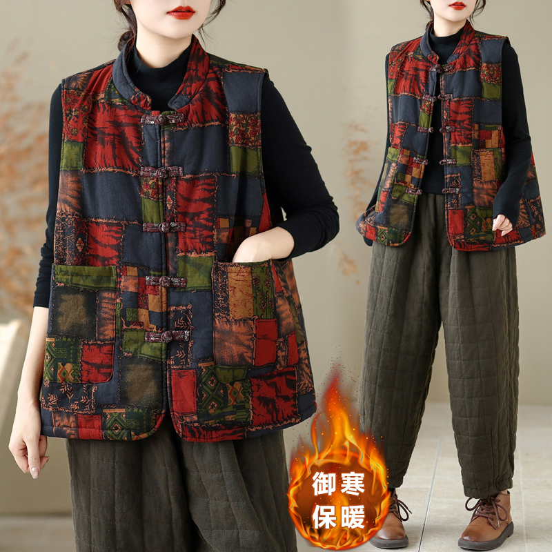 实拍中式棉麻印花盘扣棉服马夹背心文艺复古加厚保暖马甲秋冬外搭