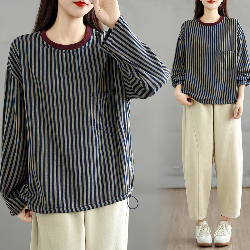 实拍 大码条纹卫衣女秋装新款撞色领宽松显瘦休闲下摆抽绳T恤上衣