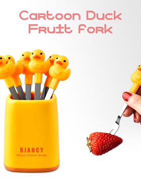 卡通黄色小鸭儿童不锈钢水果叉子 点心甜品蛋糕叉 六只装套装礼品