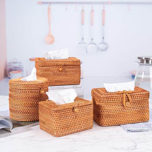 秋藤纯手工编抽纸盒子 客厅茶几桌面纸巾收纳盒 抽纸筒