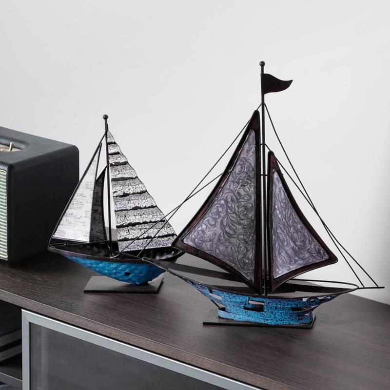 北欧铁艺帆船摆件客厅办公室办公桌书架电视柜家居装饰做旧工艺品