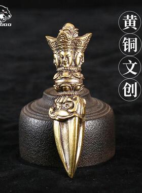 实心黄铜藏式金刚杵三面普巴金刚降魔杵摆件黄铜金刚杵手把件