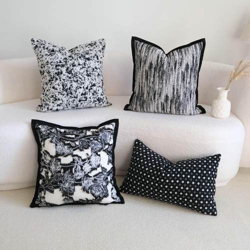 新中式黑白灰色系组合黑边抱枕高级感样板房靠枕客厅沙发靠垫腰枕