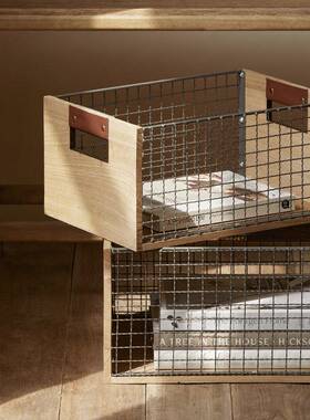 复古铁艺收纳筐物厨网格储篮零食水果房木质收纳F5M786SS桌篮面杂