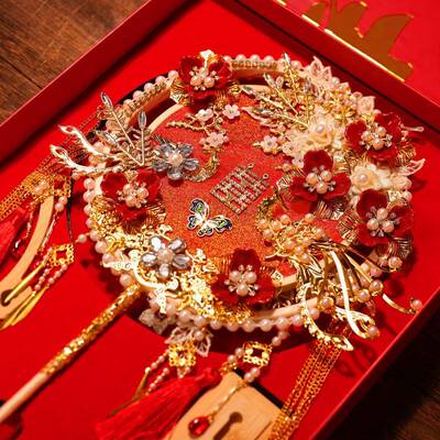 团扇娘结婚喜GGD扇子diy新材料包双色双面婚礼秀禾工手成重工婚扇