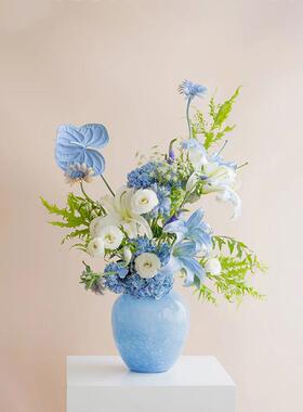 法式中古玻璃HC25-03花瓶客厅培餐桌花装饰高级浅蓝插色大肚感琉