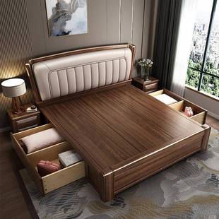 实简木床胡6452 双人床卧婚床储物 桃木床现代主约软包1.8米床新款
