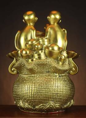 黄铜福钱袋猴QER全家猴家件居店铺铜猴猴摆