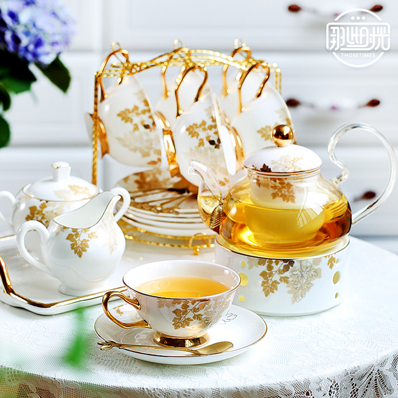 英式下午茶茶具花茶壶套装 蜡烛加热茶壶 骨N瓷茶壶花茶杯欧式奢
