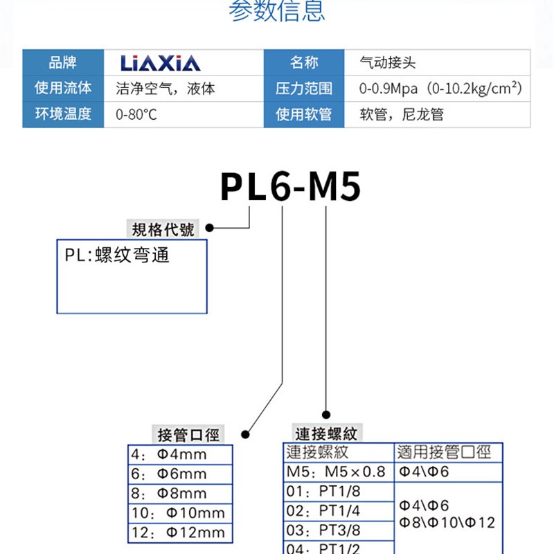 气动弯通接头L型外螺纹PL4-M5 6-01 8-02 10-03 12-04快插接头