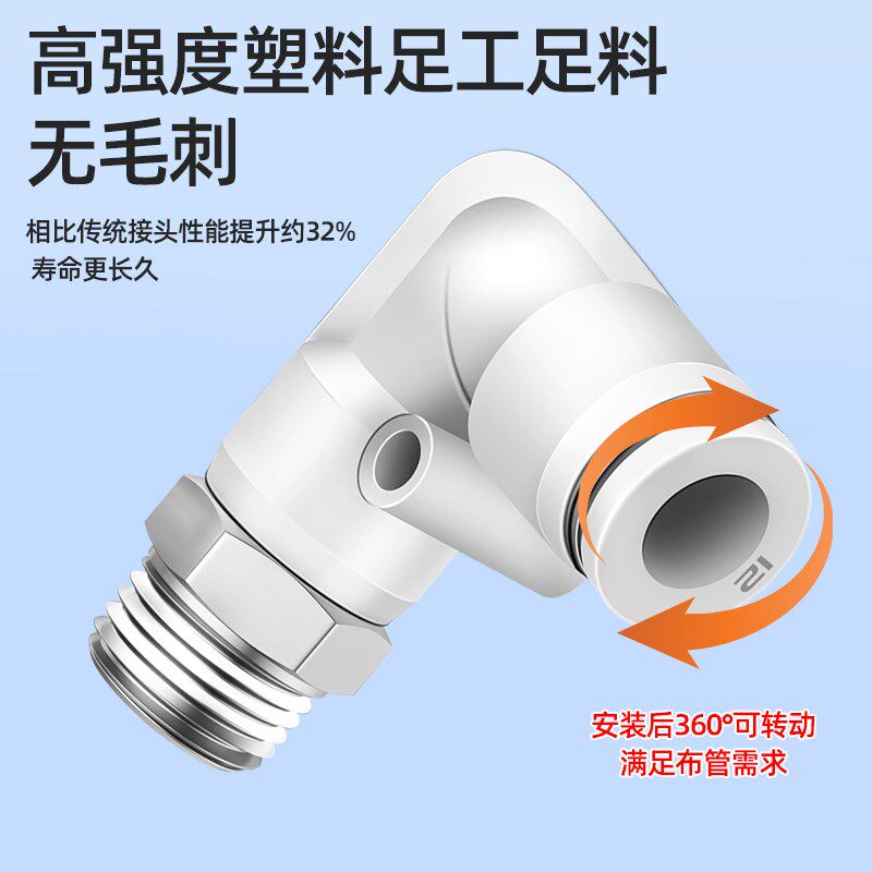 白色PL4m5气动气管快速接头快插螺纹弯头PL8-02/6-01/10-03/12-04