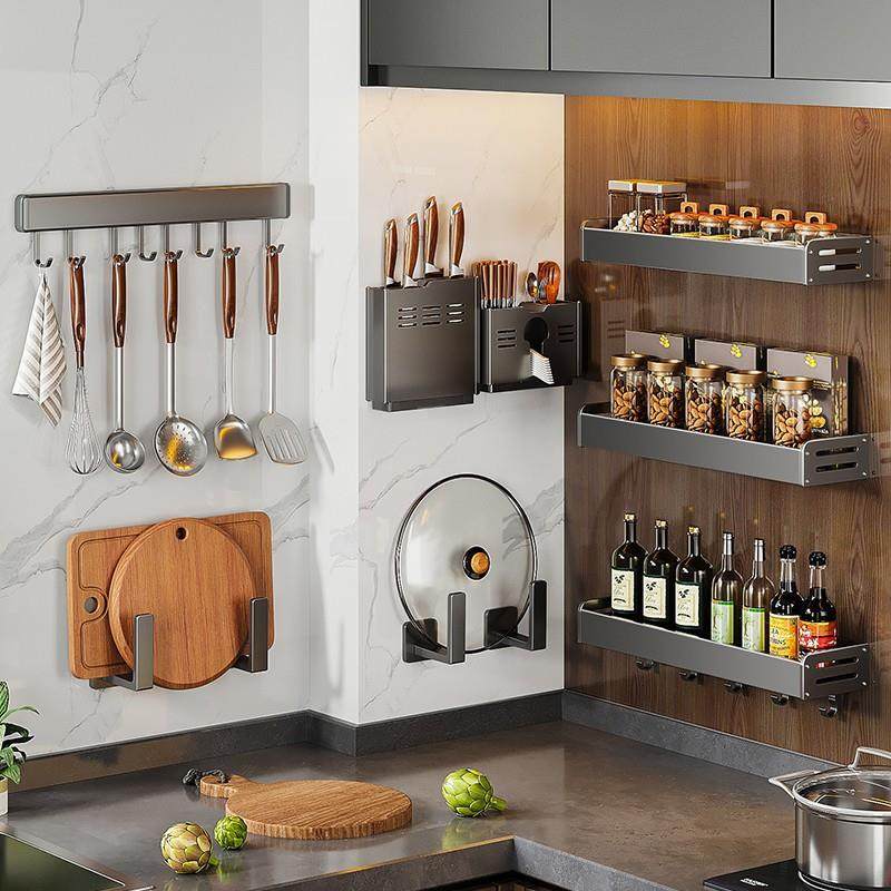 枪灰厨房置物架免打孔壁挂调料架加宽调味品多功能家用大全收纳架,厨房/烹饪用具,抹布架/厨房清洁收纳架,淘宝优惠券,粉丝福利购,淘宝优惠卷