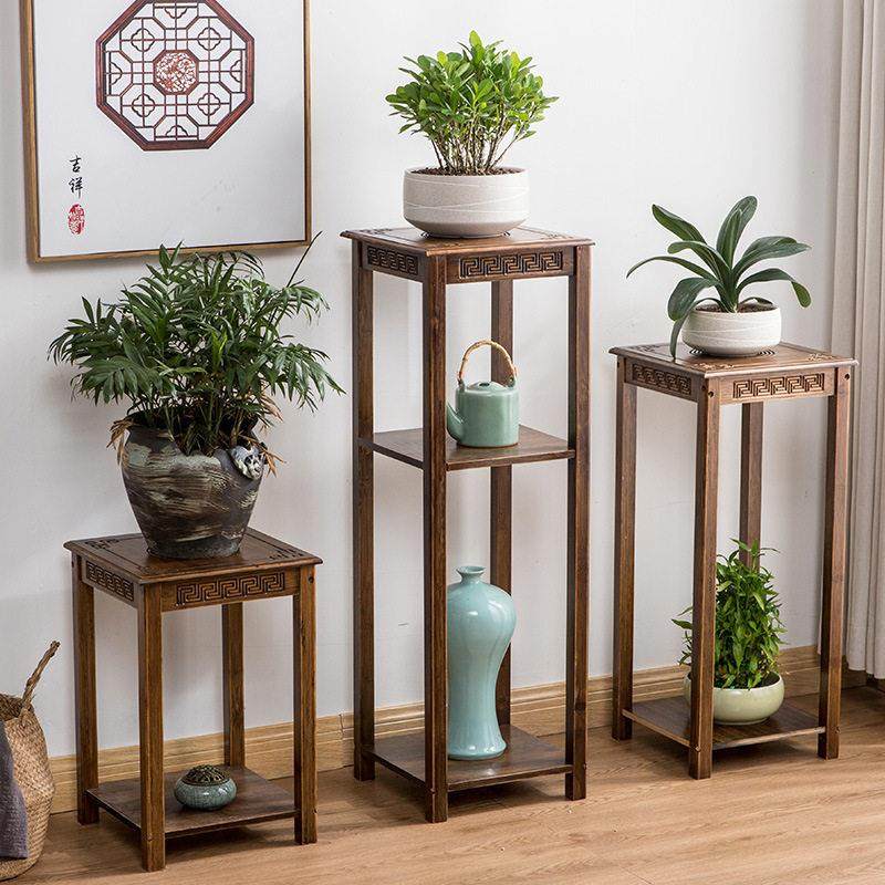 楠竹花架置物架实木室内落地式新中式木花盆架仿古客厅吊兰花架子