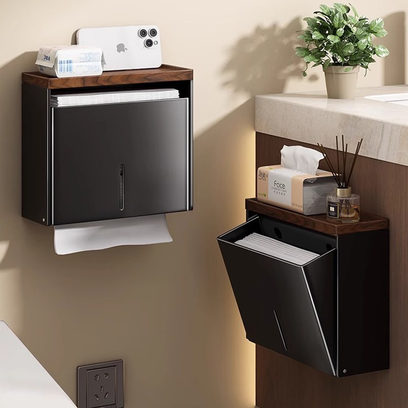 胡桃木卫生间纸巾盒免打孔浴室厕纸盒G防水草纸盒卫生纸壁挂置物